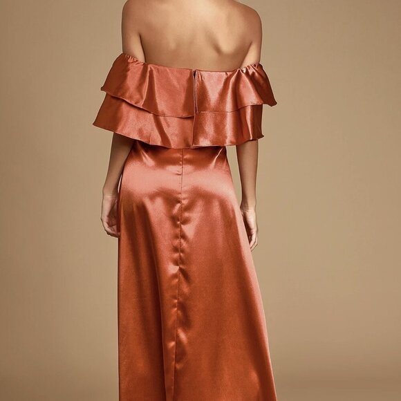 NWT Lulus Pure Happiness Rust Orange Satin Off-the-Shoulder Maxi Dress - Picture 3 of 8
